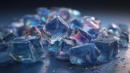 A captivating arrangement of iridescent blue crystals glistens against a dark background, creating a stunning visual perfect for abstract art or texture use.の素材