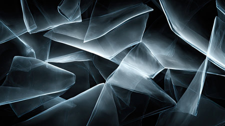 This captivating abstract image features shattered glass fragments layered in a dark space, with striking light reflections enhancing visual interest and depth.の素材