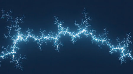 A captivating image of a bright blue lightning bolt featuring intricate branching patterns set against a dark background, symbolizing power and energy.の素材
