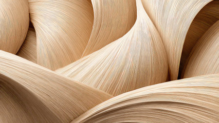 This image showcases an abstract texture of flowing lines made from natural fibers in soft beige tones, ideal for art and design backgrounds.の素材