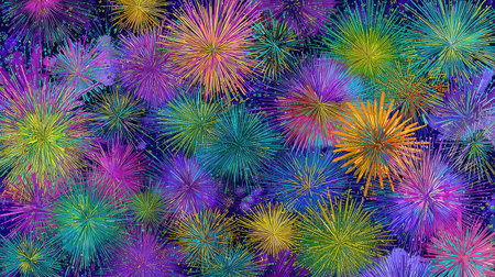 Experience a vibrant explosion of colors in this abstract background featuring starburst patterns in vivid shades of purple, blue, green, and yellow.の素材