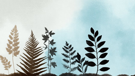 Beautiful silhouette of diverse ferns and leaves set against a soft blue gradient background, ideal for nature-inspired themes and artistic projects.の素材