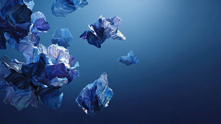 This captivating image features abstract shapes in blue and purple hues that float gracefully against a deep ocean backdrop, creating a serene and dreamlike atmosphere.の素材