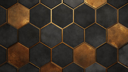 This stunning hexagonal pattern features a blend of black and bronze textures, offering a modern and elegant backdrop for various design themes.の素材