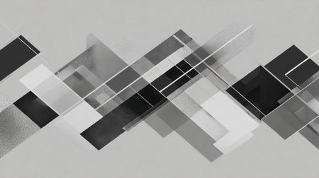This abstract artwork features geometric shapes in black and white, creating dynamic visual patterns on a neutral background. Perfect for modern decor.の素材