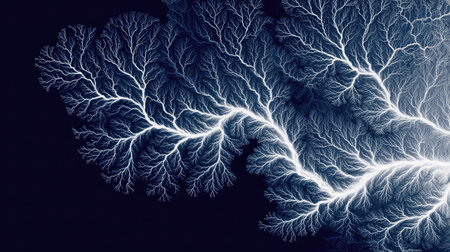 This striking abstract image features intricate blue electric patterns resembling lightning networks against a dark background, perfect for modern design projects.の素材