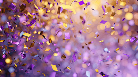 A stunning visual of colorful confetti falling gracefully in a vibrant party atmosphere. The soft blurred background enhances the festive mood with shining bokeh lights. Perfect for celebrating joy and special moments.の素材