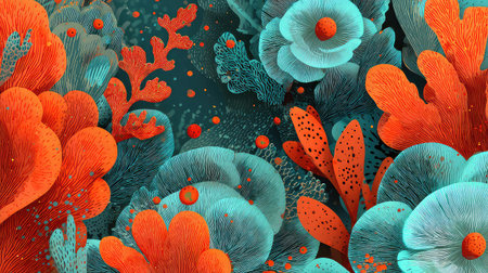 A captivating abstract floral illustration showcasing vibrant turquoise and orange elements against a dark background, evoking a sense of creativity and beauty.の素材