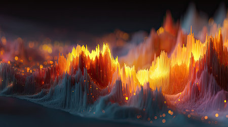 Stunning abstract image depicting dynamic sound waves in vibrant colors, showcasing textures and energetic patterns in a digital landscape.の素材