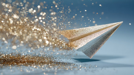A stunning image of a paper airplane soaring through a cloud of golden glitter, capturing the essence of creativity and freedom with a mesmerizing motion blur effect.の素材