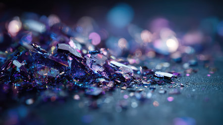 A stunning close-up image of colorful crystals scattered on a dark surface, showcasing intricate details and radiant reflections that create a magical and dreamy atmosphere.の素材