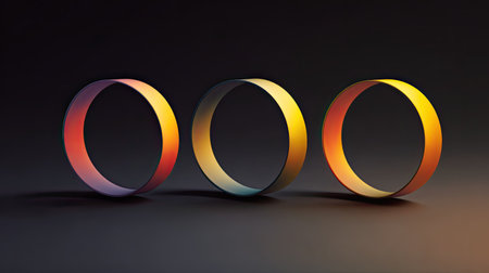 This striking abstract image features three geometric rings with vibrant gradient colors against a dark background, creating a visually appealing composition.の素材