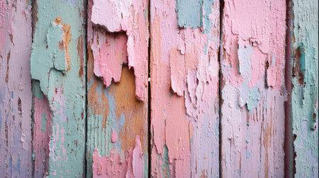 Close-up image of textured wooden planks featuring vibrant pastel peeling paint, showcasing rustic charm and artistic decay perfect for creative projects.の素材