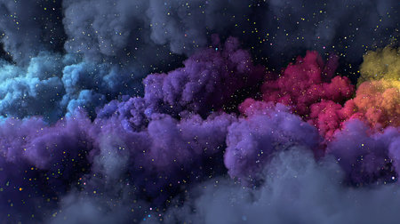 A mesmerizing display of colorful nebula and cosmic clouds creates a fantastical scene. Vivid hues of purple, pink, blue, and yellow emerge from dark space, evoking a sense of mystery and wonder, ideal for projects related to astronomy and digital art.の素材