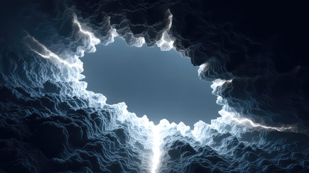 A captivating scene showcasing dynamic clouds illuminated by bright lightning, creating a dramatic and awe-inspiring atmosphere. The contrast of dark and light enhances the mesmerizing visual depth of nature's powerful display.の素材