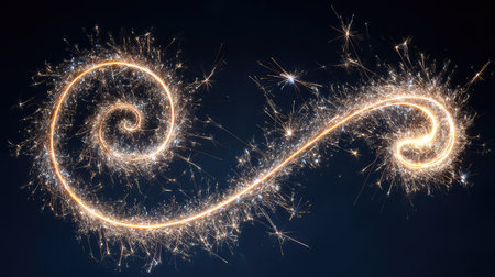 Captivating image of a spiral light created by sparklers, shining brightly against a dark background, ideal for celebrations and festive designs.の素材