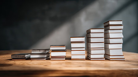 This image features a series of stacked books on a wooden table, illuminated by dramatic lighting that highlights their arrangement, symbolizing growth and knowledge.の素材