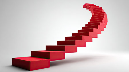 This striking image showcases a series of abstract red stairs ascending in a contemporary space, symbolizing movement and aspiration in design.の素材