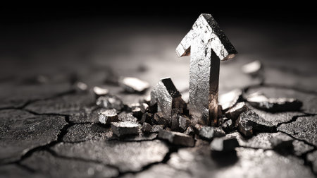 A striking silver arrow emerges from cracked ground, symbolizing growth and resilience in the face of challenges. Perfect for themes of success and inspiration.の素材