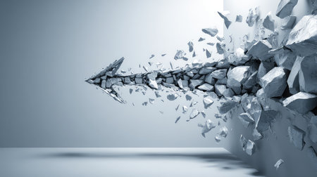 A striking image of crushed rocks forming an arrow that breaks through a wall, symbolizing progress, strength, and the overcoming of challenges in an artistic manner.の素材