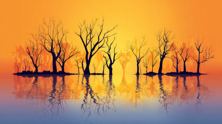 A stunning scene of silhouetted trees against a vibrant sunset, reflected in calm water. This image captures the essence of tranquility and natural beauty, inviting viewers to experience a serene moment in nature.の素材