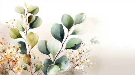 This stunning watercolor illustration features lively botanical leaves and delicate flowers, perfect for enhancing any artistic project or home decor theme.の素材