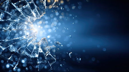 A striking image of shattered glass pieces scattering against a deep blue bokeh background, filled with a vibrant light that enhances the dynamic feel.の素材