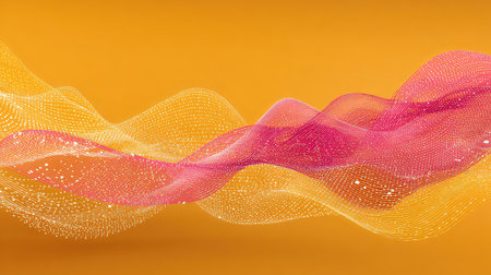This captivating abstract image features a flowing wave design with colorful particles, set against a vibrant orange background. Ideal for creative projects.の素材
