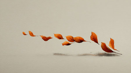 A captivating representation of autumn leaves gracefully floating through the air, showcasing warm colors and a minimalist aesthetic that evokes a sense of tranquility.の素材
