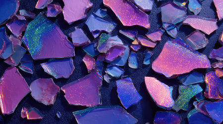 A stunning collection of colorful shattered glass fragments showcasing iridescent patterns against a dark background, perfect for creative projects and modern designs.の素材