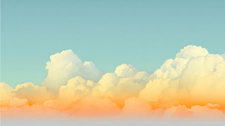 A captivating view of fluffy clouds under a clear sky, showcasing a gentle gradient from orange to blue. This serene background evokes tranquility and warmth.の素材