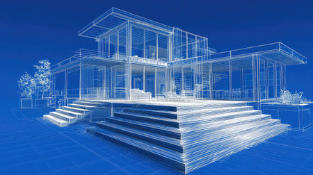 This image features a detailed architectural blueprint of a modern house, showcasing clean lines and an inviting exterior design. The artistic representation highlights the innovative aspects of construction, emphasizing the relationship between space and design elements.の素材