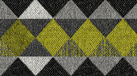 This captivating geometric pattern showcases a vibrant combination of black, white, gray, and yellow squares, perfect for creative projects and textile design.の素材