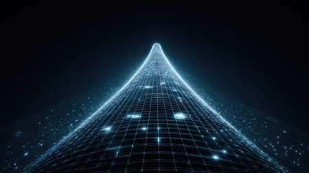 This abstract digital artwork features a glowing grid ascending into the dark background, filled with light particles. It evokes a sense of technology and modernity.の素材