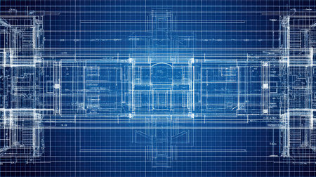 This image showcases a detailed architectural blueprint design set against a grid background, perfect for conveying concepts in construction and engineering fields.の素材