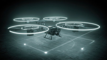 A stunning representation of a futuristic drone featuring glowing propellers against a dark backdrop, ideal for technology and innovation visuals.の素材