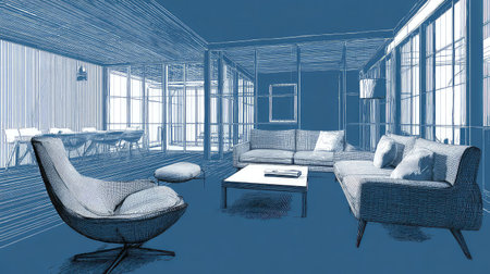 A beautifully illustrated minimalist living room sketch in blue tones, showcasing contemporary furniture, a warm atmosphere, and artistic lines enhancing the interior design.の素材