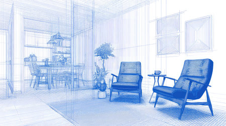This artistic sketch showcases a modern minimalist living room rendered in blue lines, featuring stylish furniture and decorative elements that create a serene atmosphere.の素材