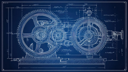 This image showcases a detailed blueprint of mechanical gears, complete with annotations and measurements typical for engineering design projects.の素材