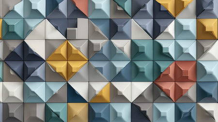 This image showcases an abstract geometric wall design composed of 3D pyramid shapes in a medley of colors. The arrangement offers a modern aesthetic, ideal for creative projects and interior design concepts.の素材