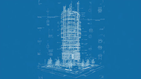 This image showcases a detailed architectural blueprint of a modern skyscraper. It features structured elements and annotations against a vibrant blue background, ideal for design projects.の素材
