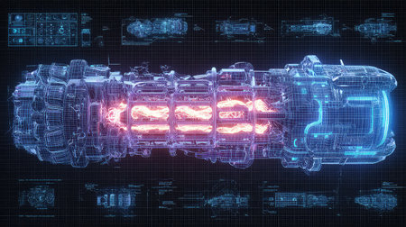 This image features a detailed blueprint design of a futuristic spacecraft engine, showcasing neon elements and intricate technical features in a vibrant graphical style.の素材
