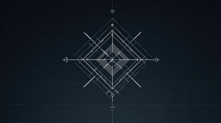 This image features a captivating geometric compass design with intricate lines and shapes, set against a dark background, ideal for creative projects and analysis.の素材