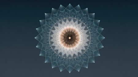 This captivating geometric design showcases intricate radial symmetry with detailed lines forming an organic pattern, perfect for modern art enthusiasts.の素材