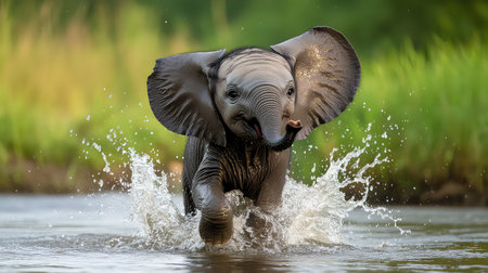 A cheerful baby elephant joyfully splashes through shallow water, delighted in its playful antics amid vibrant greenery, capturing a moment of pure innocence.の素材