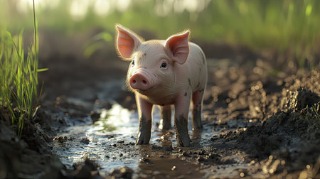 A charming young pig stands in a muddy area, surrounded by lush grass during the early morning. The warm sunlight enhances the serene farm atmosphere, showcasing the adorable essence of farm life. Perfect for wildlife and agriculture themes.の素材