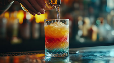 A captivating image of a colorful layered cocktail being poured into a stylish glass filled with ice, focusing on the bartender's skillful technique and vibrant drink layers.の素材