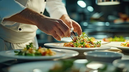 A chef meticulously plates a gourmet dish in a bustling professional kitchen, showcasing skill and creativity in food preparation and presentation.の素材