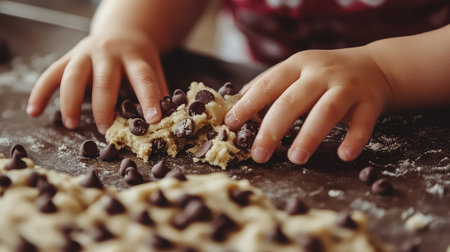 A delightful scene of a child's hands mixing chocolate chip cookie dough on a flour-dusted surface, capturing the joy and creativity of baking together.の素材