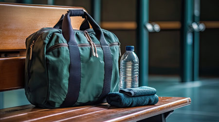 A stylish athletic gym bag rests on a wooden bench alongside a water bottle and towel, highlighting fitness essentials in an active environment perfect for workouts.の素材